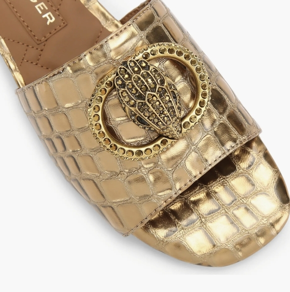 Kurt Geiger Gold Croc-Texture Slide Mules with Embellished Medallion.  New - Picture 2 of 15